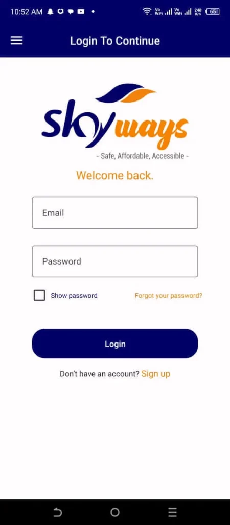Skyways Express 13 Skyways ticket booking app login page